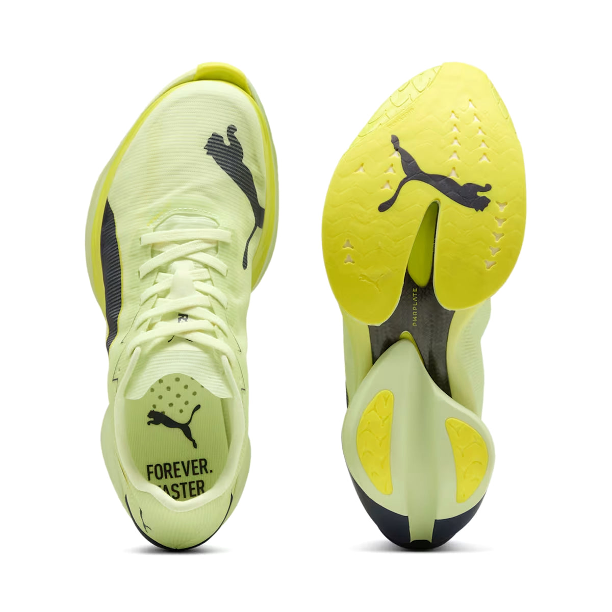 A pair of Women’s Fast-R NITRO Elite 3 Running Shoes by Puma in Apple Spritz and Deep Plum is shown from above and below, highlighting the NITROFOAM ELITE logo on the tongue and sole. Featuring striking black accents and the text “FOREVER. FASTER.” on the insole, these shoes are built for speed and performance.