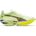 Introducing the Puma Women’s Fast-R NITRO Elite 3 Running Shoes in Apple Spritz and Deep Plum: a marathon racing shoe highlighted by its vibrant yellow and lime green colorway, distinctive split heel design, black Puma logo, and yellow midsole accents. This model incorporates advanced NITROFOAM™ ELITE cushioning for exceptional speed and comfort.