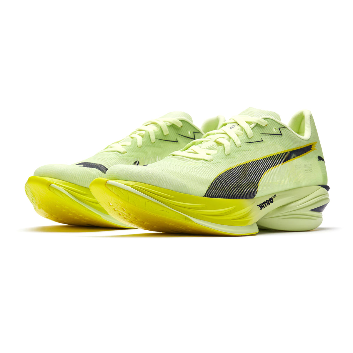 A pair of Apple Spritz and Deep Plum Puma Women’s Fast-R NITRO Elite 3 Running Shoes featuring black and gray accents, thick soles, and the word “NITRO” printed on the side. Engineered as a top-tier marathon racing shoe, these are equipped with advanced NITROFOAM ELITE cushioning for ultimate speed and comfort.
