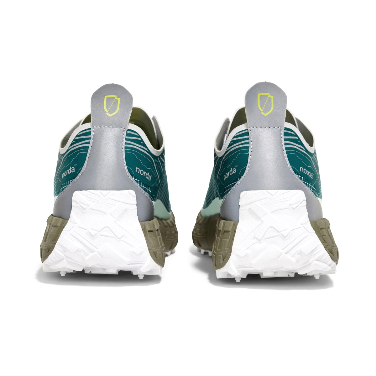 Women's norda 001A Trail Running Shoes Horizon pair heel view showing Arnitel TPEE midsole and norda Lock System sock gusset construction