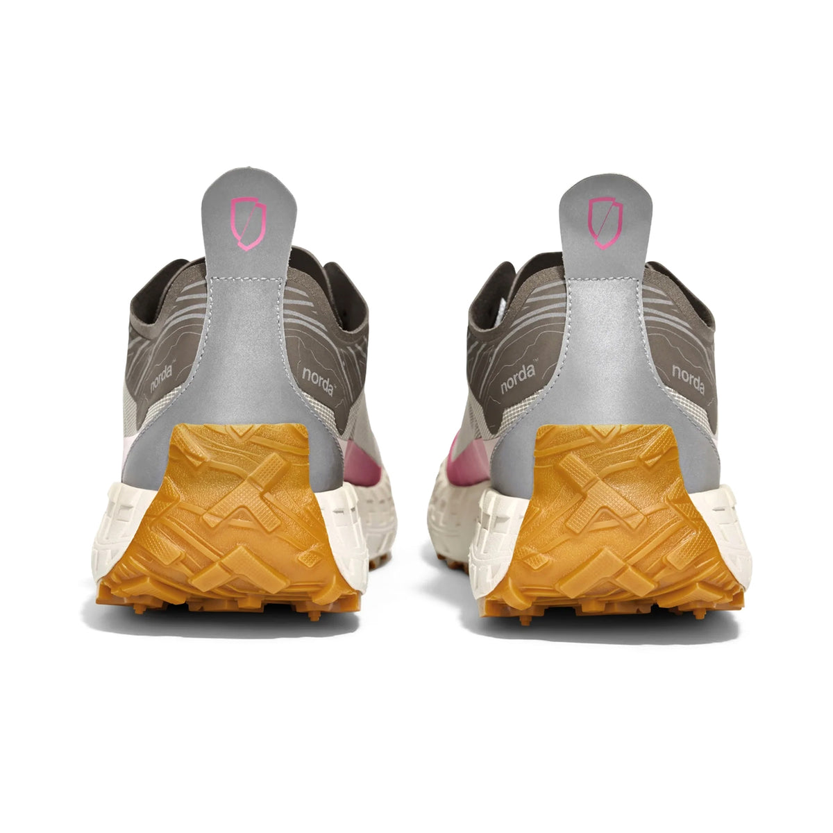 Women's norda 001A Trail Running Shoes Sky pair heel view showing Arnitel TPEE midsole and norda Lock System sock gusset construction