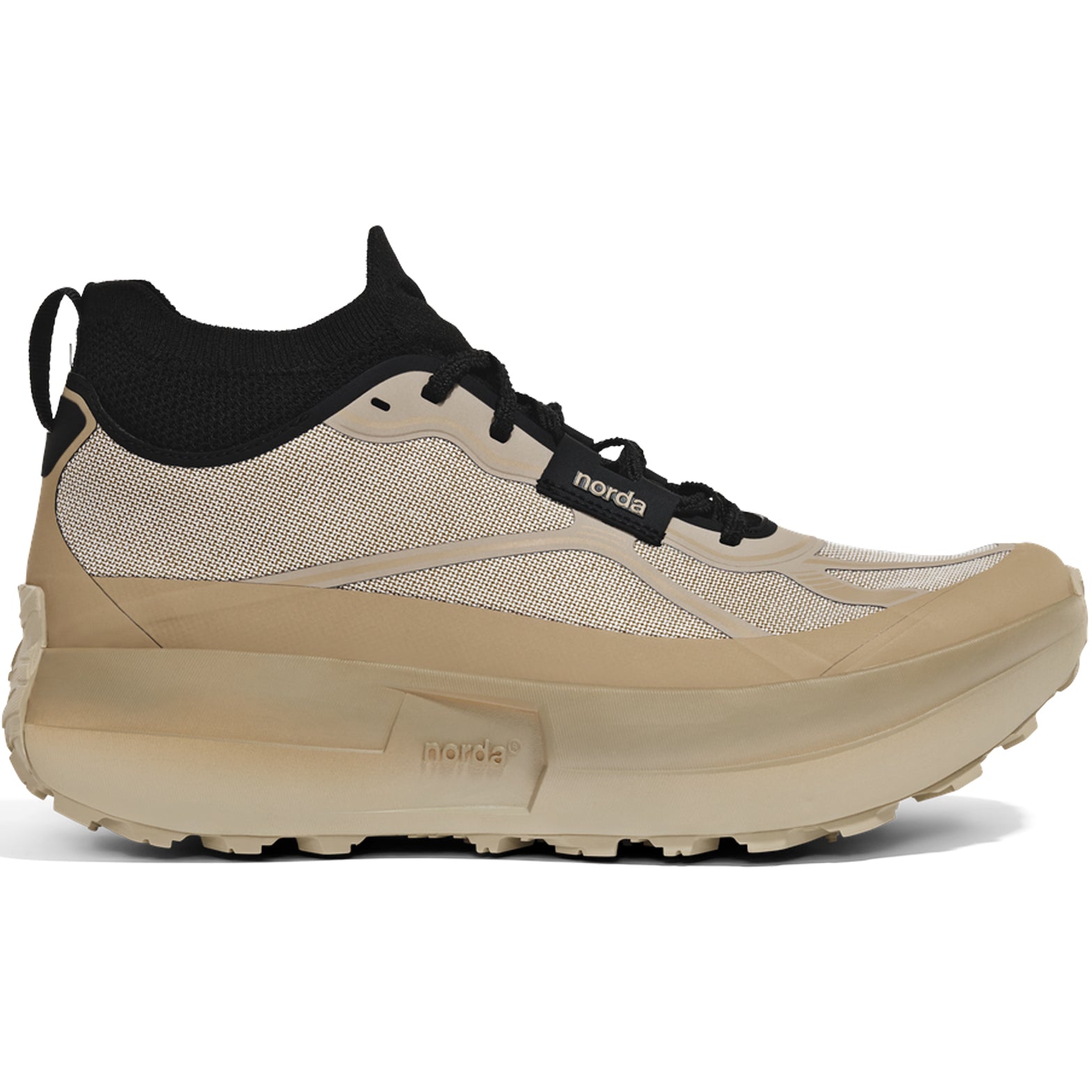 Women's norda 055 Trail Running Shoes Strato outer side view showing pure Arnitel TPEE midsole with seamless knit sock collar and Vibram Megagrip Elite outsole for ultra-distance mountain trail racing