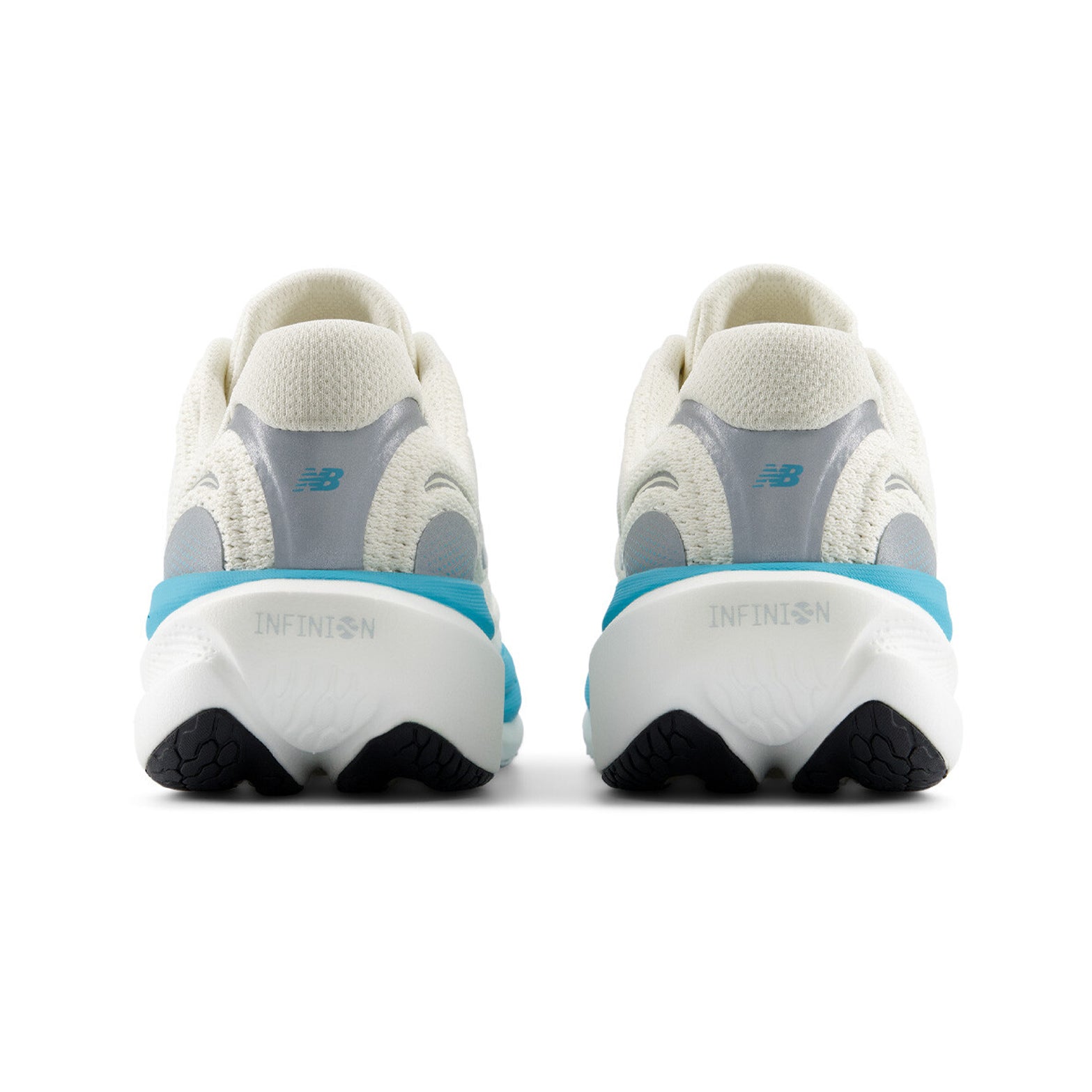 Women's New Balance 1080v15 Running Shoes Angora Blue Glaze heel view showing Infinion midsole technology with moulded contour details for enhanced cushioning and long-lasting performance