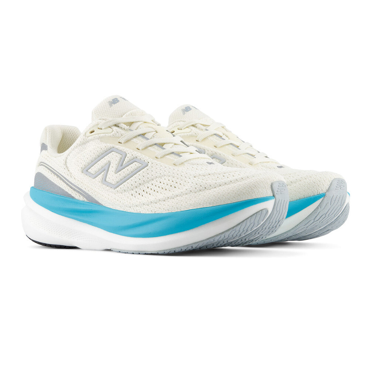 Women's New Balance 1080v15 Running Shoes Angora Blue Glaze angled side view of pair showing Infinion foam midsole with moulded contour details and perforated mesh upper for maximum comfort and long-lasting daily running performance