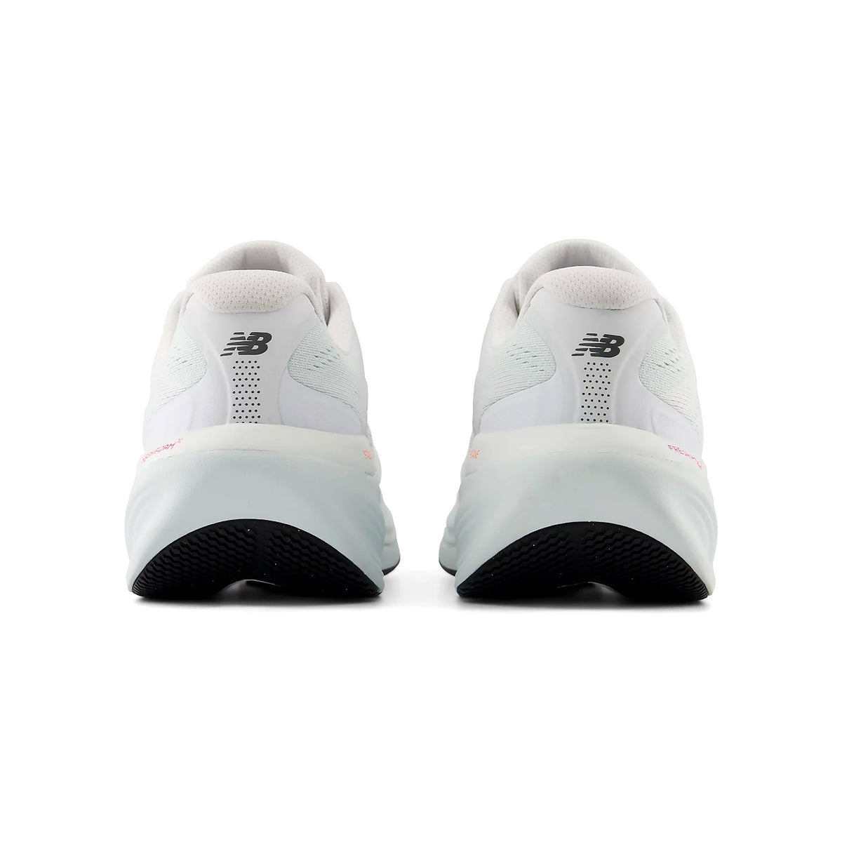 New Balance 860v15 women's running shoe in White / Pink Heat / Glint Blue — heel view showing heel construction, Stability Plane medial post support and pink heat midsole contrast