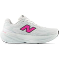 New Balance 860v15 women's running shoe in White / Pink Heat / Glint Blue — outer view showing white synthetic upper with pink heat accent detailing, glint blue contrast and Stability Plane Fresh Foam X midsole profile