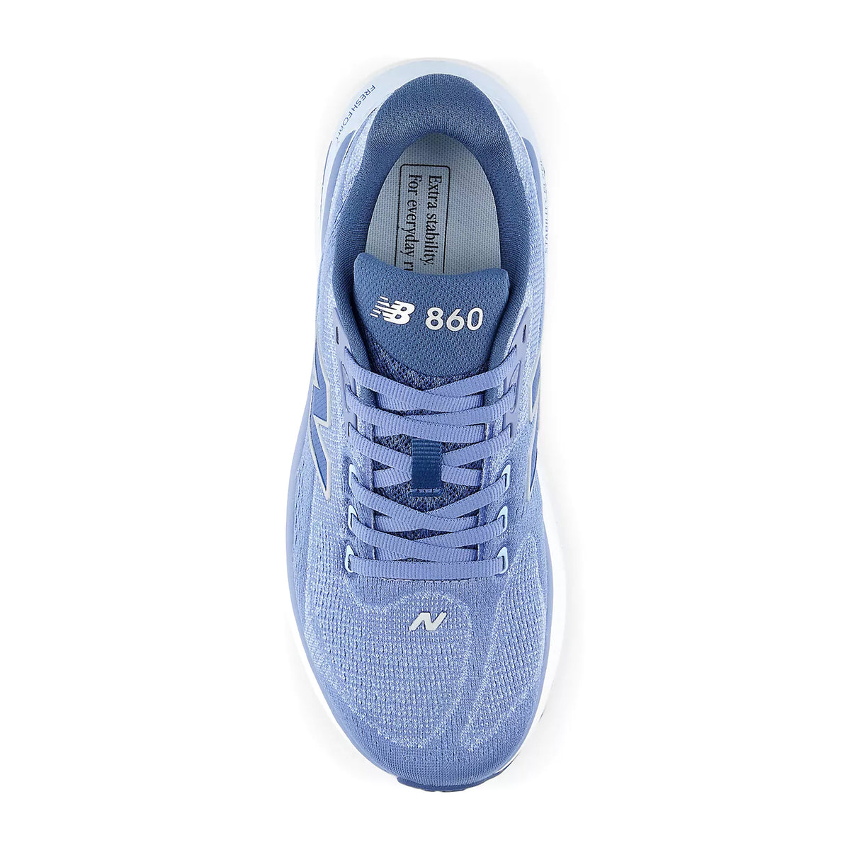 New Balance 860v15 Wide Fit women's running shoe in Fairweather Blue / Silver Metallic — top-down view showing fairweather blue engineered mesh upper construction, wide fit silhouette and lace closure