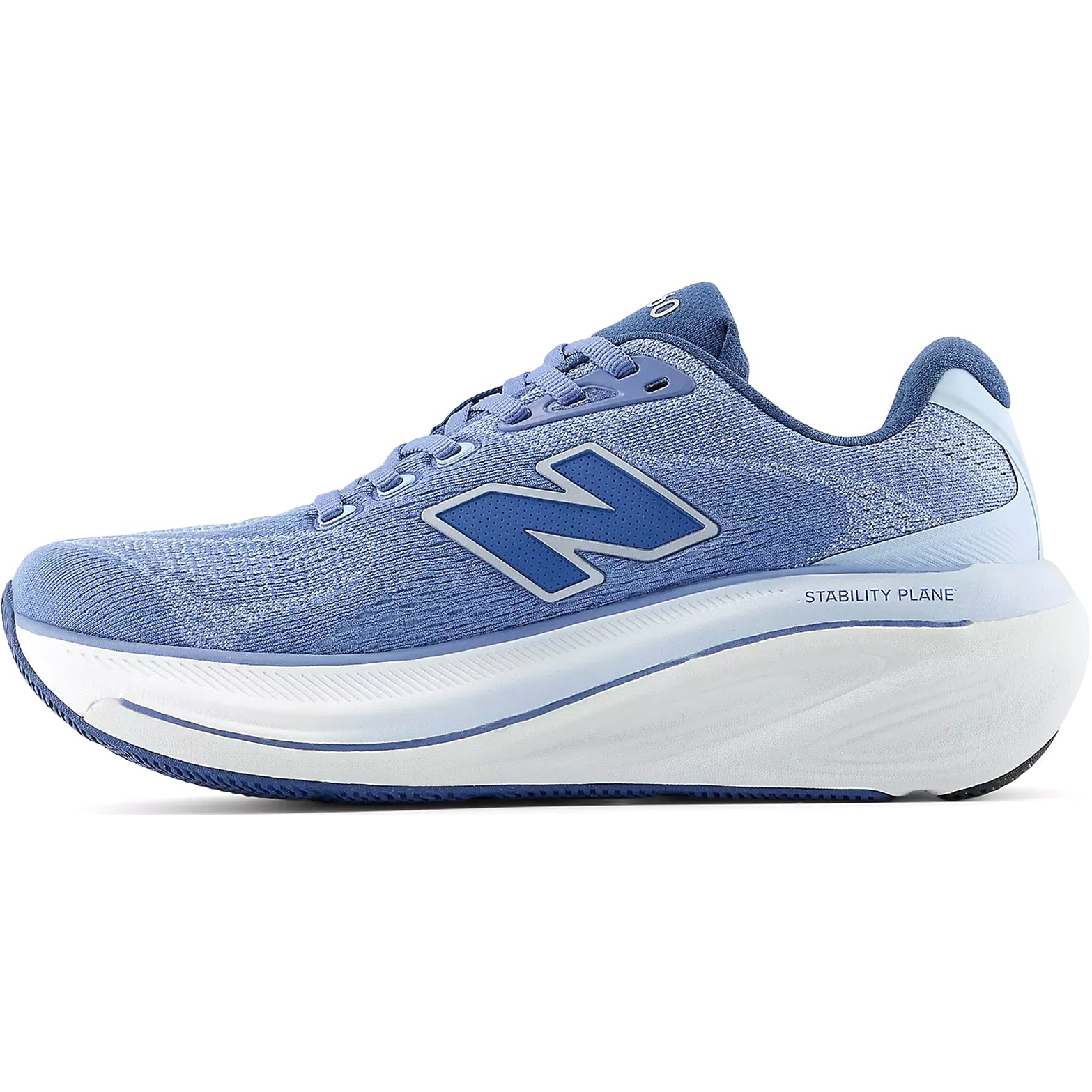 New Balance 860v15 Wide Fit women's running shoe in Fairweather Blue / Silver Metallic — inner view showing fairweather blue engineered mesh upper, silver metallic detailing and medial post support construction