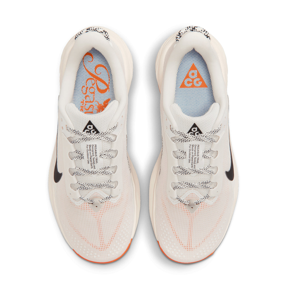 Nike ACG Pegasus Trail women's running shoe in Summit White / Phantom / Safety Orange / Black — top-down view showing summit white engineered mesh upper construction, lace closure and phantom, safety orange and black accent detailing with wider forefoot width