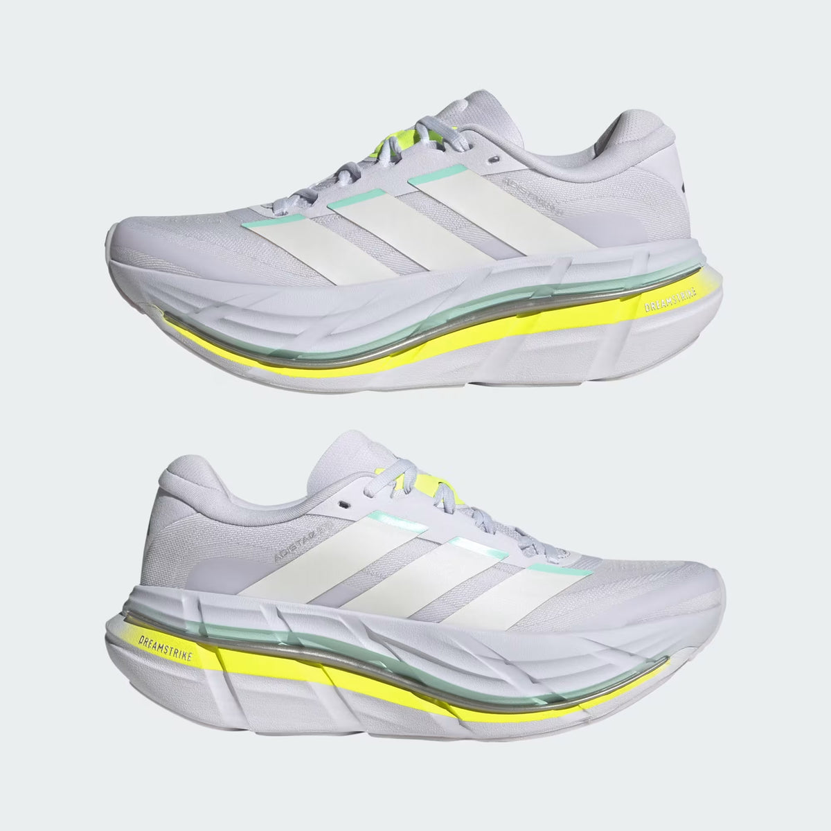 Women's Adidas Adistar BYD 2 Running Shoes Frozen Purple Chalk White Hi-Res Yellow showing outer and inner side views displaying Dreamstrike foam midsole with rocker geometry and internal fit panel for smooth supportive long-distance running