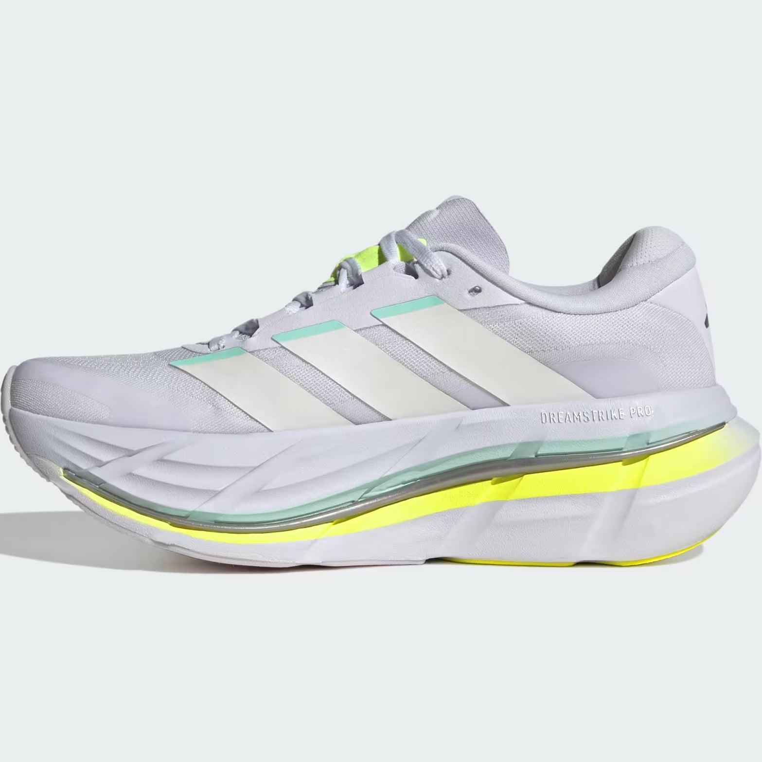 Women's Adidas Adistar BYD 2 Running Shoes Frozen Purple Chalk White Hi-Res Yellow inner side view showing internal fit panel with Dreamstrike cushioning and adjustable midfoot lockdown for long-run comfort