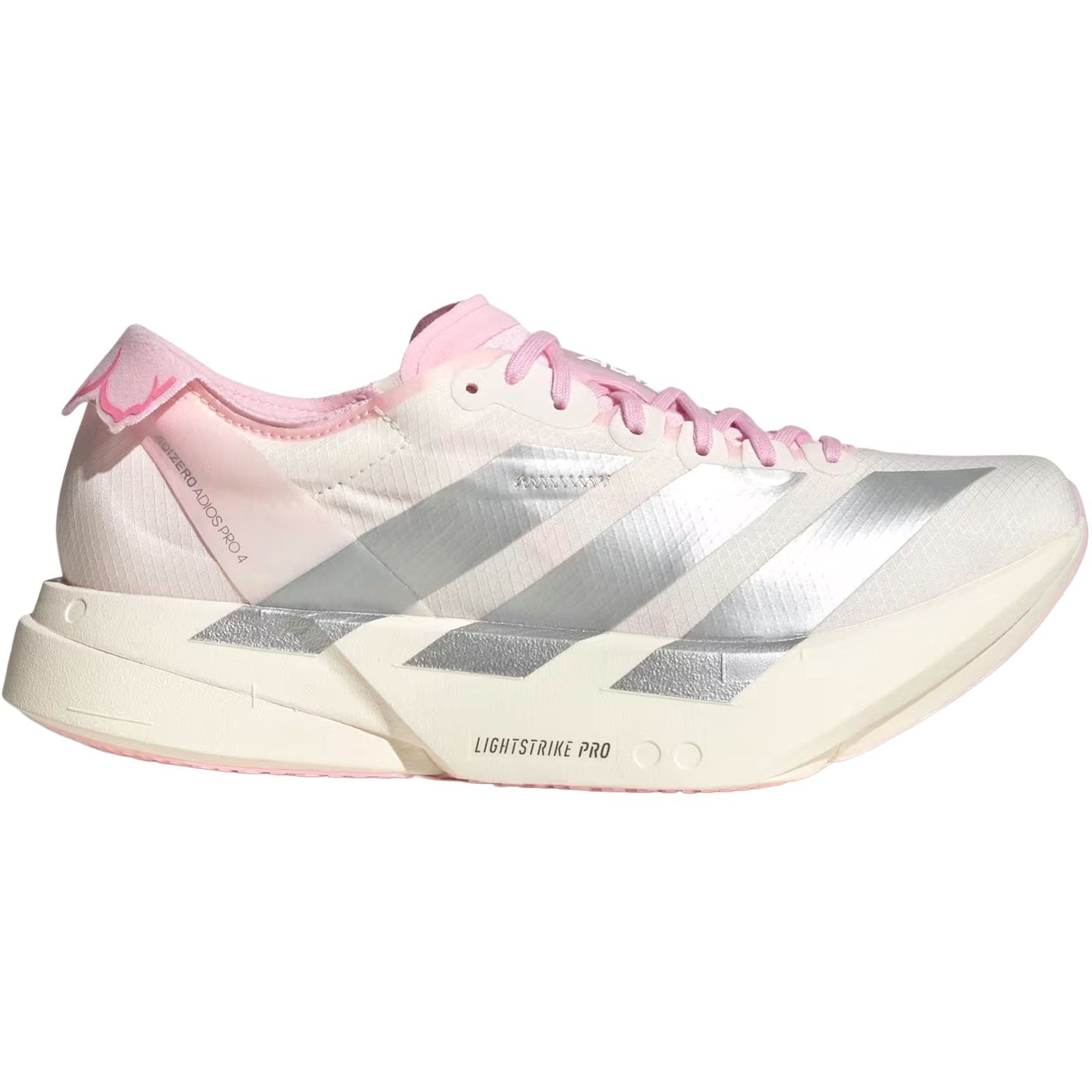 Women's adidas Adizero Adios Pro 4 Running Shoes Core White Silver Metallic Clear Pink outer side view showing carbon-plated racing construction with LIGHTSTRIKE PRO cushioning