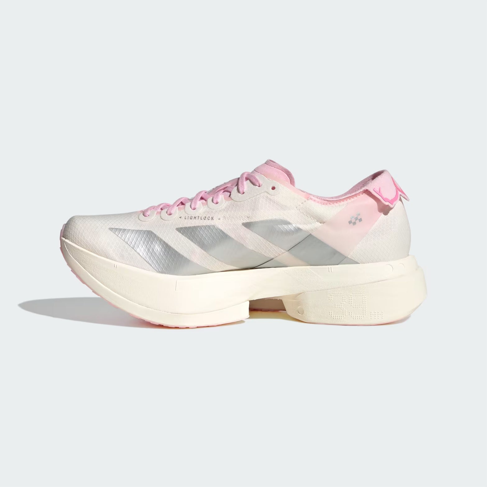 Women's adidas Adizero Adios Pro 4 Running Shoes Core White Silver Metallic Clear Pink inner side view showing carbon fibre ENERGYRODS 2.0 and lightweight racing foam