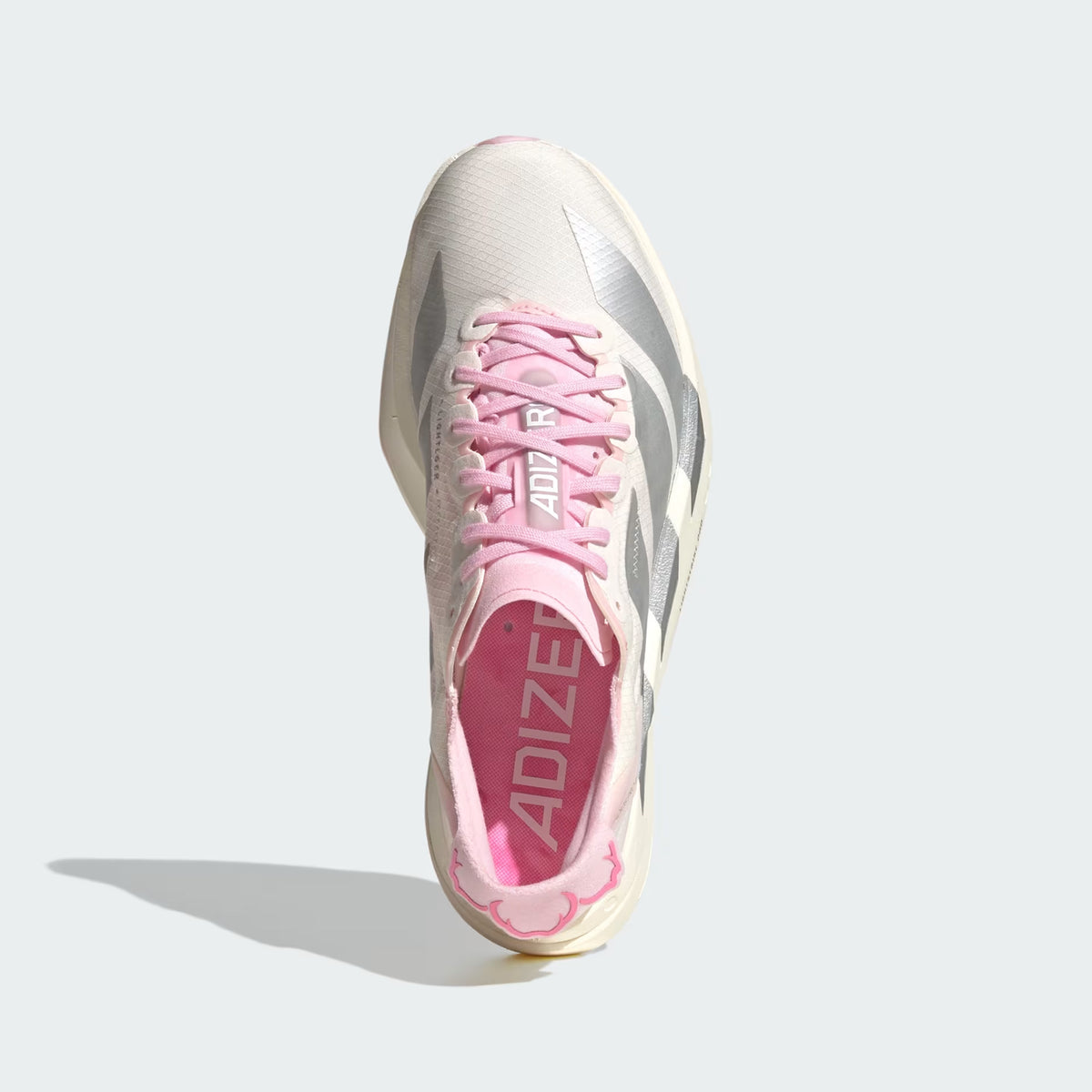 Women's adidas Adizero Adios Pro 4 Running Shoes Core White Silver Metallic Clear Pink top view showing lightweight racing upper and carbon plate racing construction
