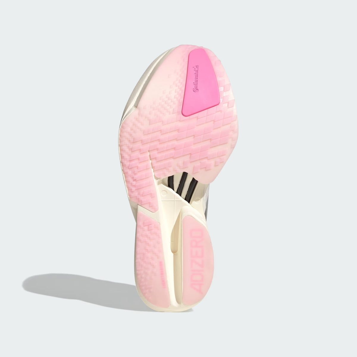 Women's adidas Adizero Adios Pro 4 Running Shoes Core White Silver Metallic Clear Pink sole view displaying Continental rubber outsole with LIGHTRAXION technology for racing traction