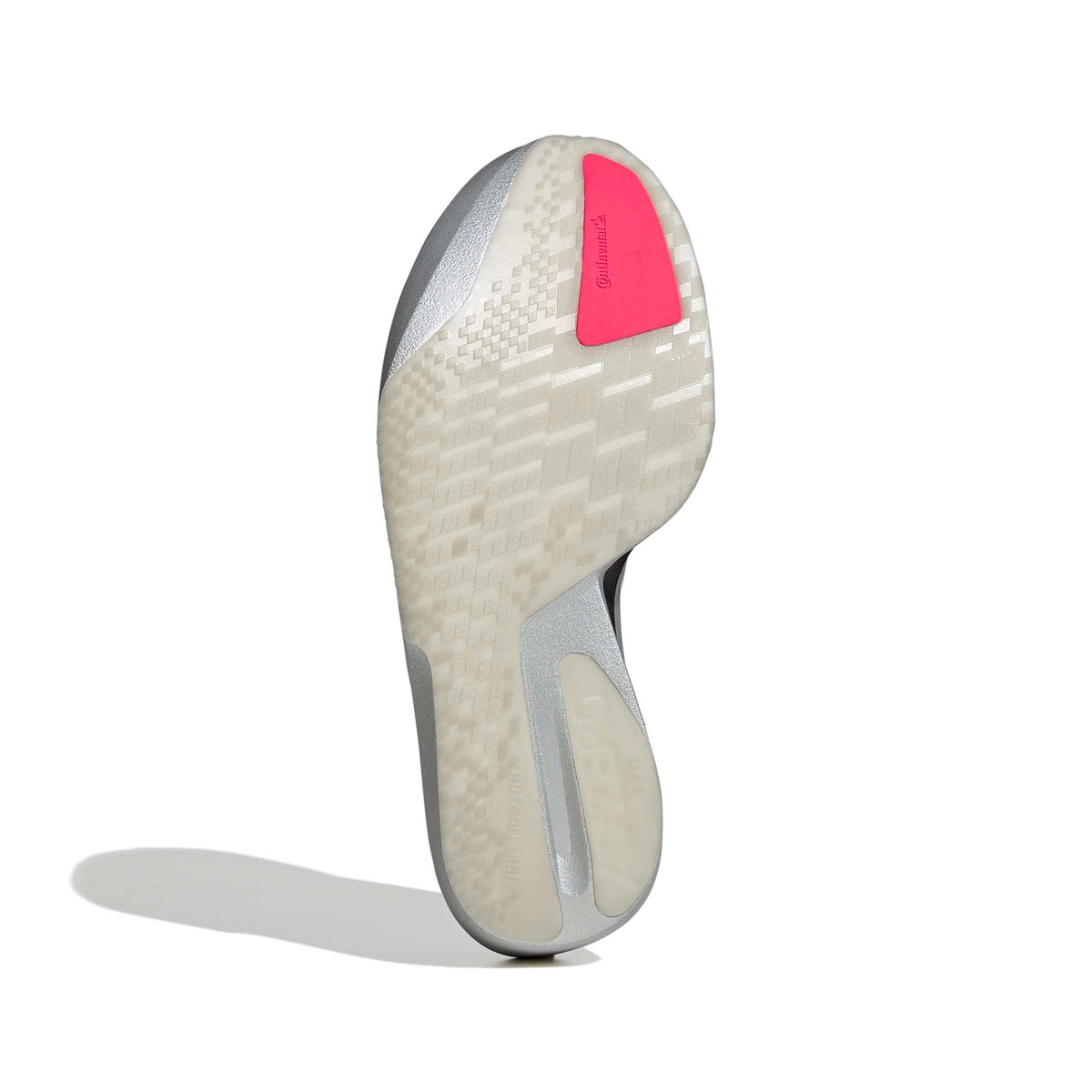 The image features the sole of the Women’s Adizero Adios Pro 5 Running Shoes Clear Sky by Adidas, with a textured white grip, pink patch at the toe, gray-white arch accents, on a plain white background.