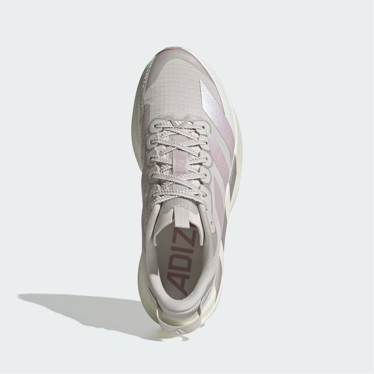 Women's adidas Adizero EVO SL ATR Running Shoes Grey One Ice Purple White Tint top view showing ripstop woven mesh upper with water-repellent properties and mudguard protection for all-weather running