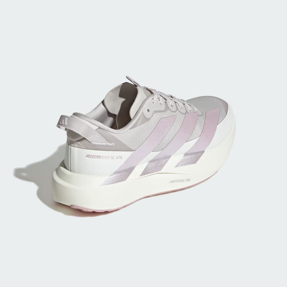 Women's adidas Adizero EVO SL ATR Running Shoes Grey One Ice Purple White Tint heel view showing LIGHTSTRIKE PRO foam with ADIZERO sling launch and Cold Cement construction for secure all-terrain running