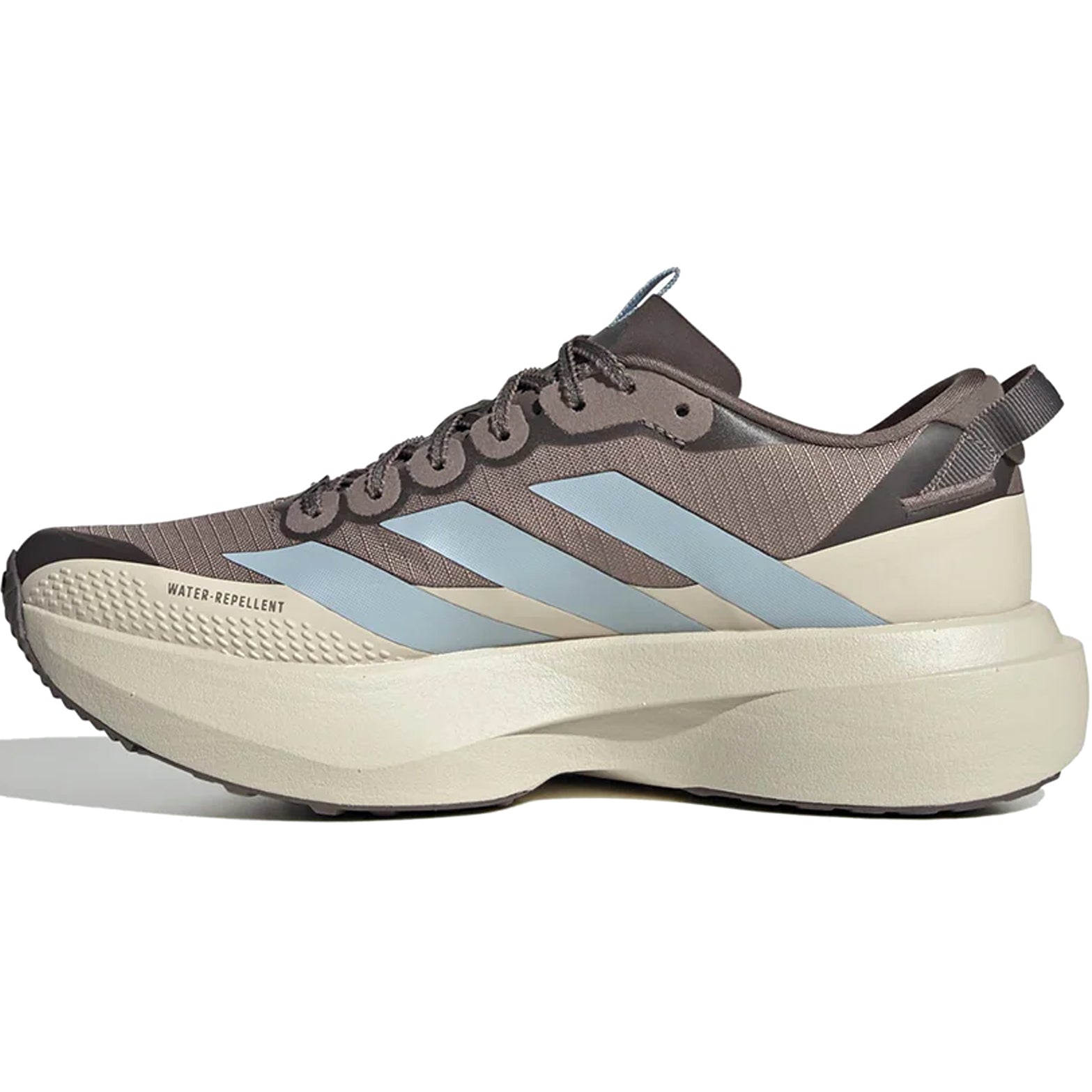 Women's adidas Adizero EVO SL ATR Running Shoes Wonder Brown Beige Blue inner side view showing LIGHTSTRIKE PRO cushioning, ADIZERO sling launch heel lockdown and Cold Cement construction