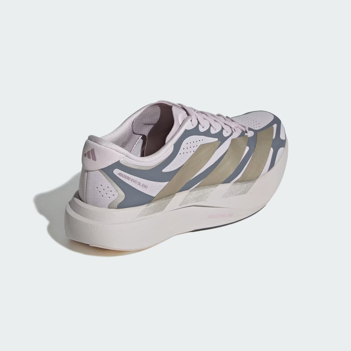 adidas Adizero EVO SL EXO women's running shoe in Ice Purple / Cyber Metallic / Onix — angled rear view showing exoskeleton heel construction, cyber metallic 3-Stripes detailing and LightstrikePro midsole