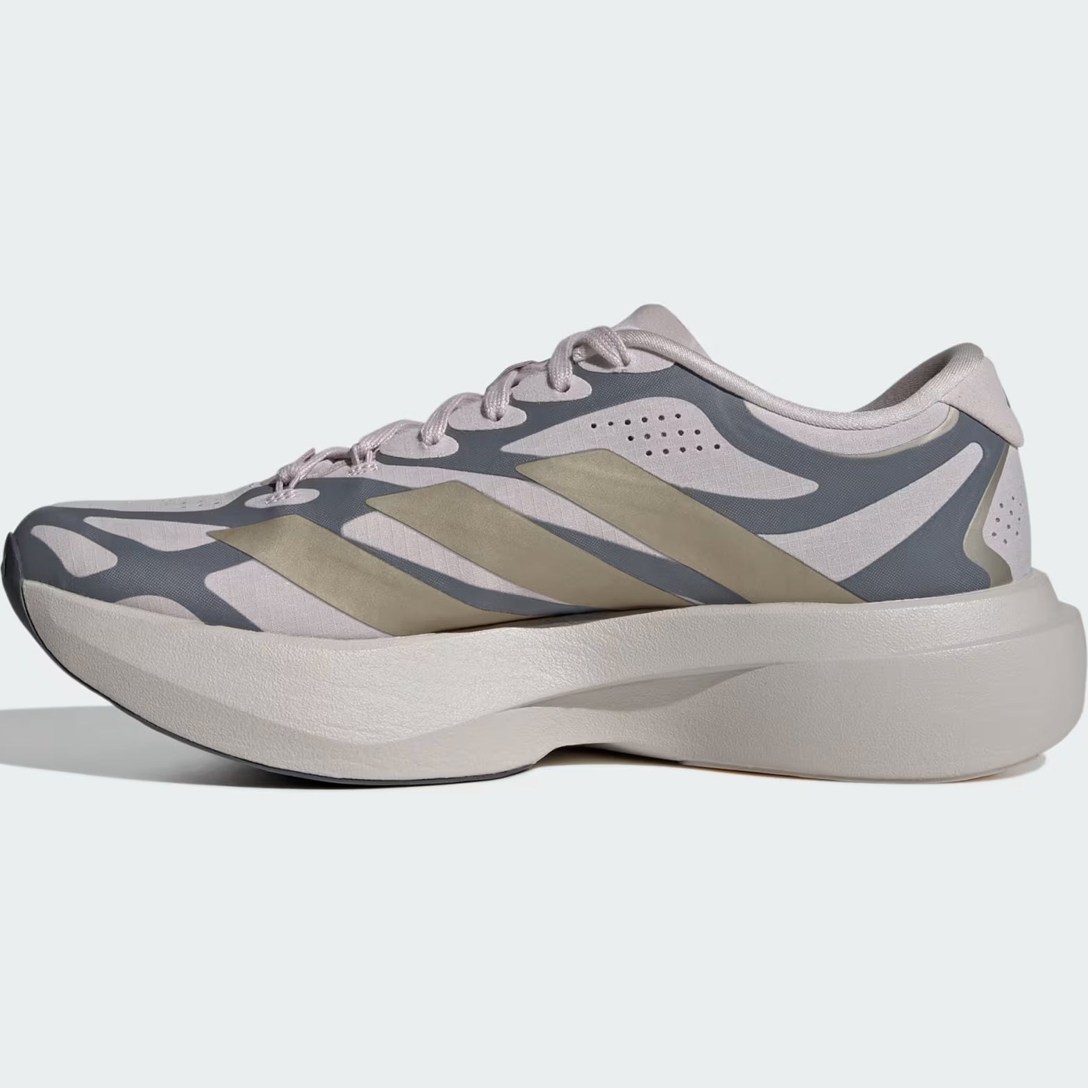 adidas Adizero EVO SL EXO women's running shoe in Ice Purple / Cyber Metallic / Onix — inner view showing ice purple woven upper, exoskeleton heel-to-toe support structure and onix rubber outsole