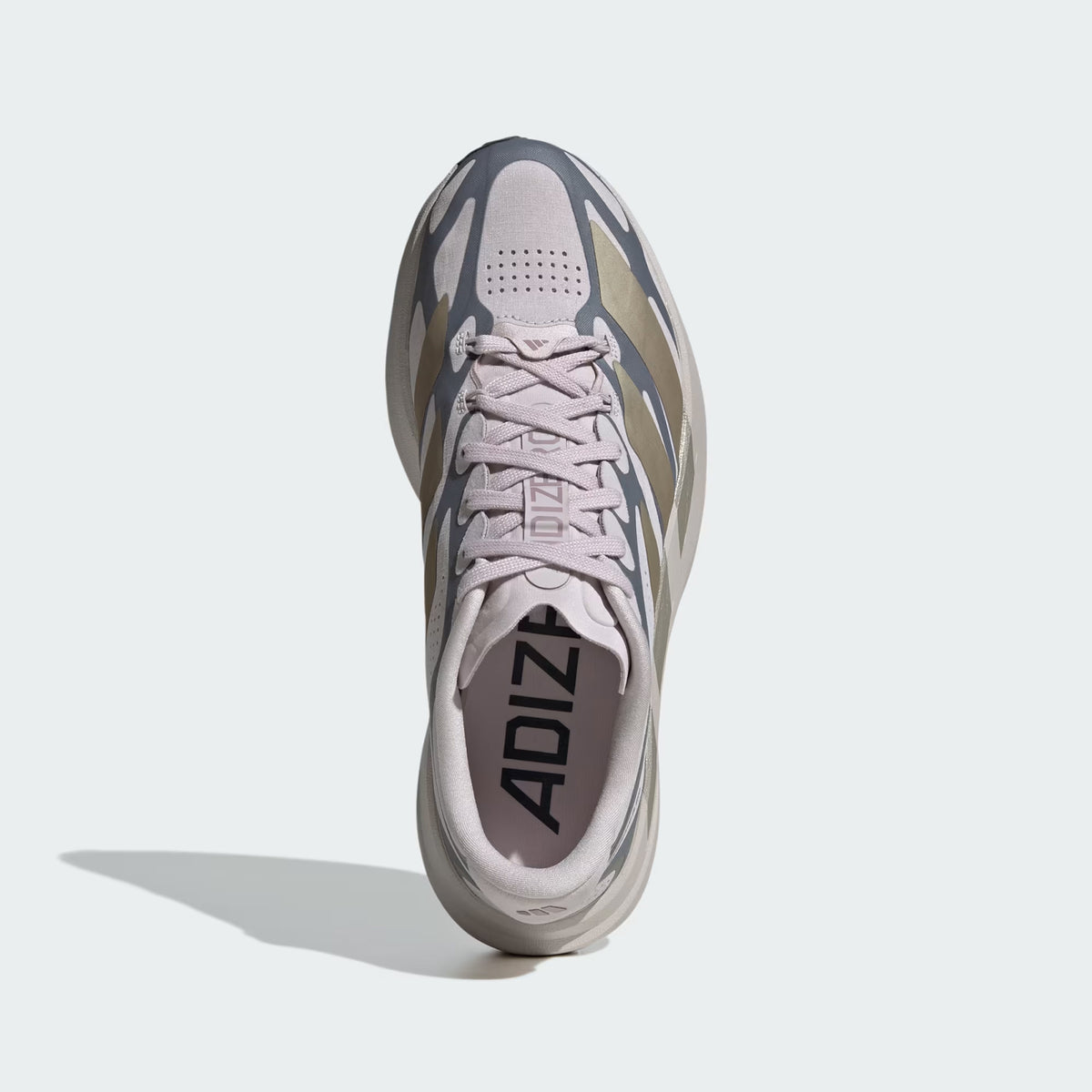 adidas Adizero EVO SL EXO women's running shoe in Ice Purple / Cyber Metallic / Onix — top-down view showing ice purple woven shell upper, exoskeleton overlay system and lace closure