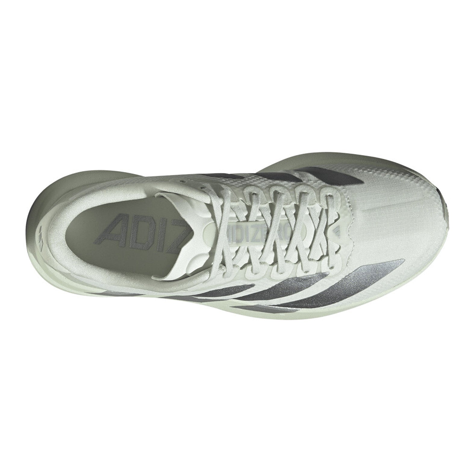 Women's adidas Adizero EVO SL Woven Running Shoes Crystal Jade Tech Grey Metallic Wonder Silver top view showing synthetic and textile woven upper with racing-inspired aesthetic for versatile wear