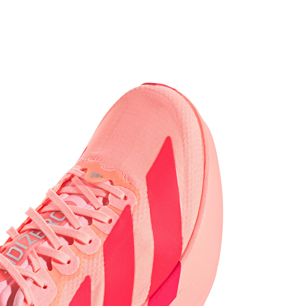 Women's adidas Adizero EVO SL Woven Running Shoes Frozen Turbo Lucid Red Silver Metallic front view showing Continental rubber forefoot with woven racing-inspired design and regular fit lace closure for running and lifestyle wear