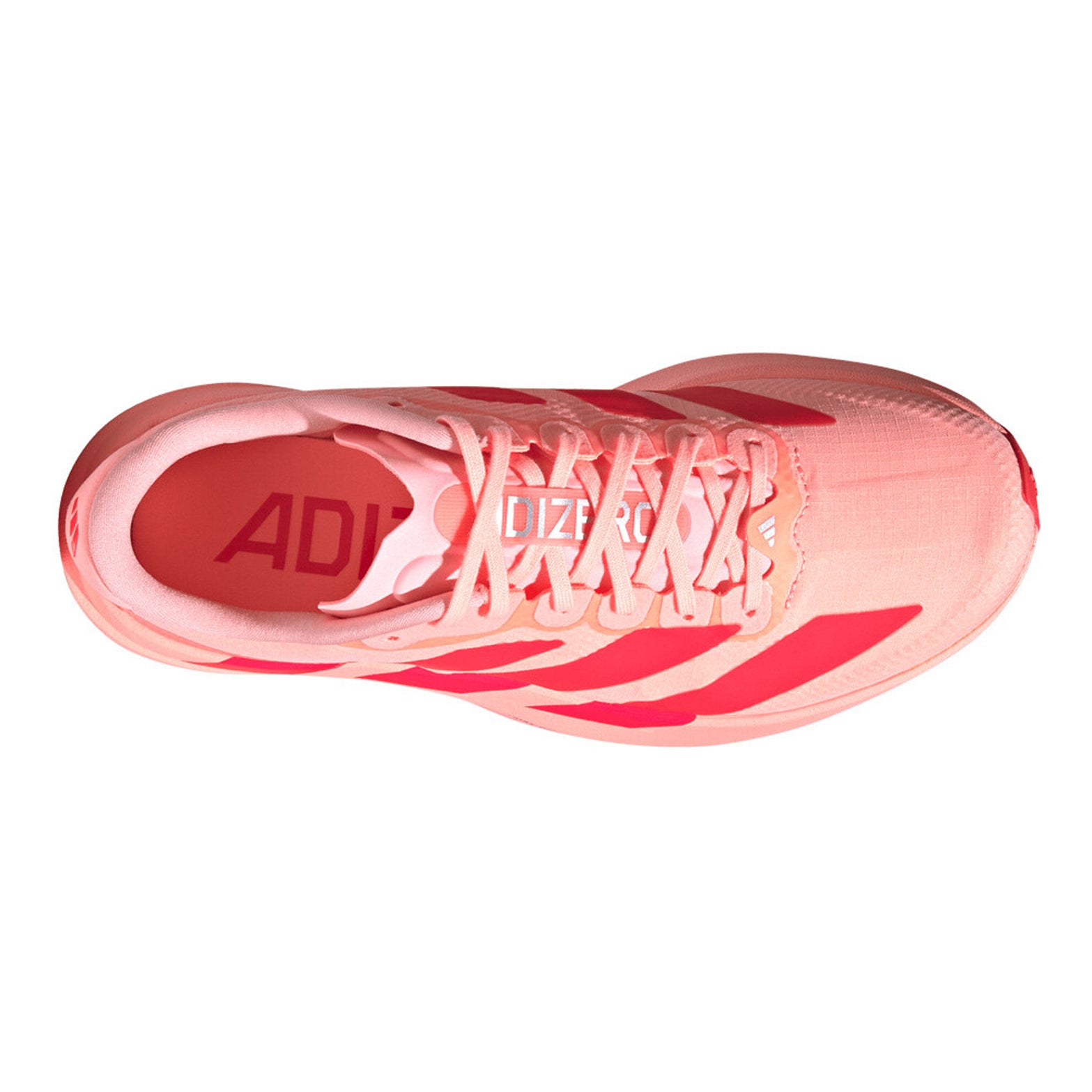 Women's adidas Adizero EVO SL Woven Running Shoes Frozen Turbo Lucid Red Silver Metallic top view showing synthetic and textile woven upper with racing-inspired aesthetic for versatile wear
