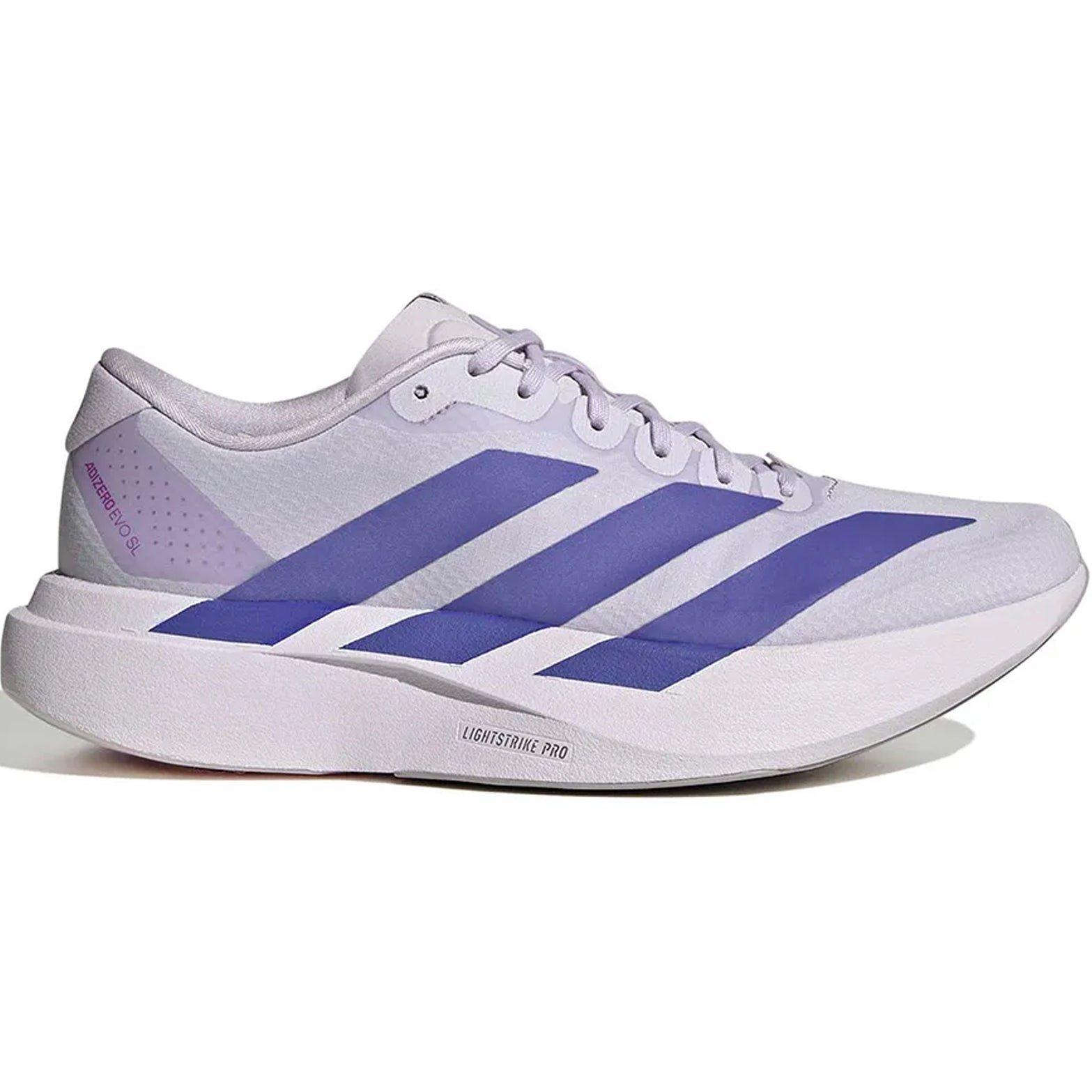 Women's adidas Adizero EVO SL Woven Running Shoes Glory Grey Solar Purple Purple Tint outer side view showing LIGHTSTRIKE PRO foam midsole with woven racing-inspired design for running and lifestyle wear