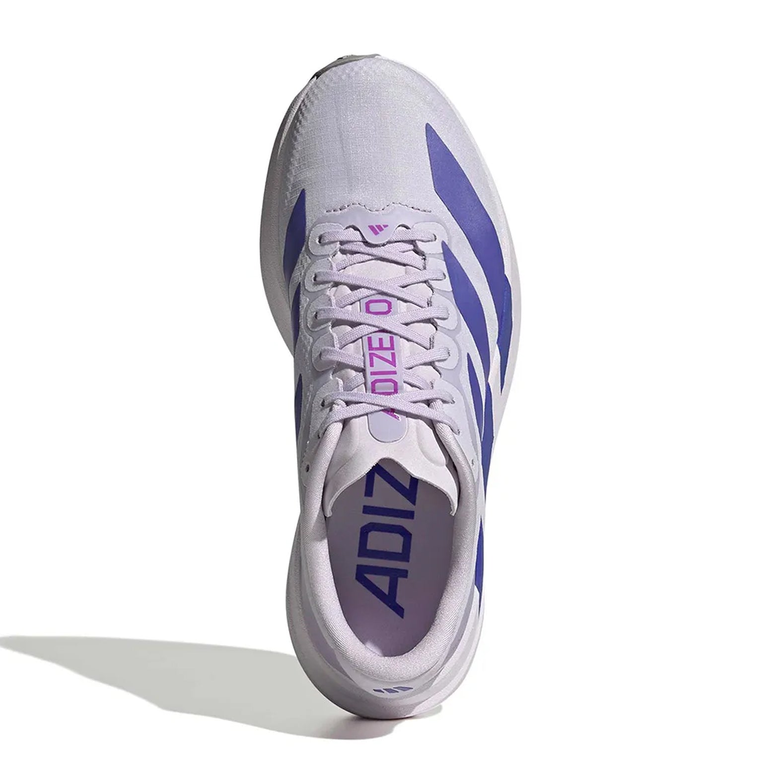 Women's adidas Adizero EVO SL Woven Running Shoes Glory Grey Solar Purple Purple Tint top view showing synthetic and textile woven upper with racing-inspired aesthetic for versatile wear