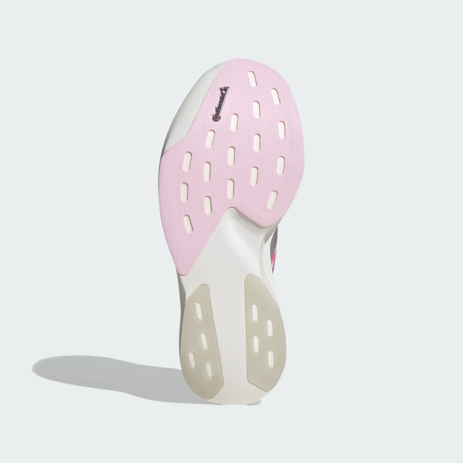 adidas Adizero EVO SL Woven women's running shoe in Pink Fusion / Silver Metallic / Clear Pink — outsole view showing rubber tread pattern and clear pink LightstrikePro midsole profile