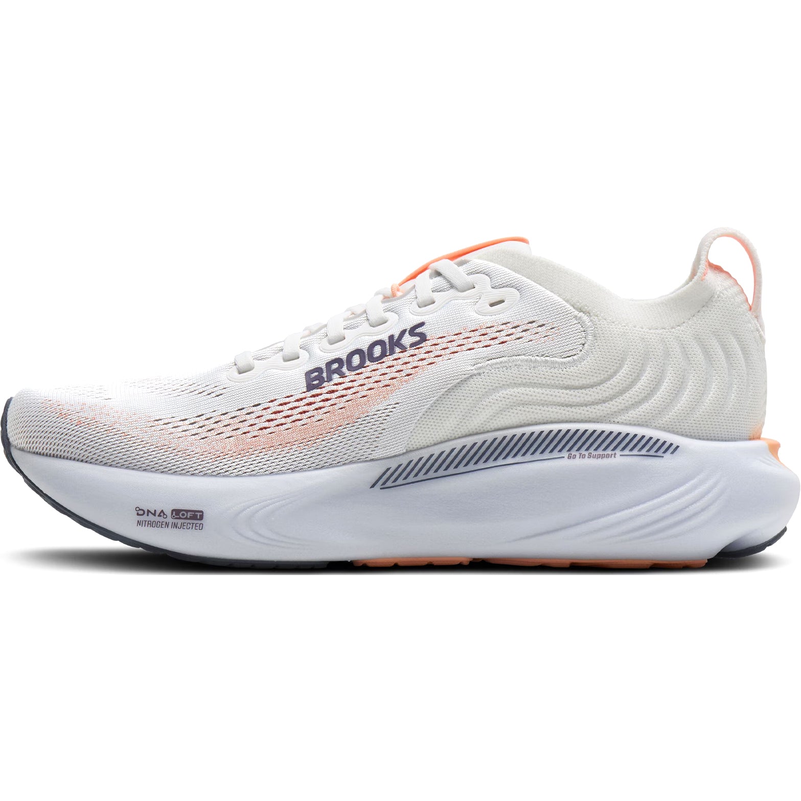 Brooks Adrenaline GTS 25 women's running shoe in Oyster Mushroom / Peach / Grape — inner view showing oyster mushroom engineered mesh upper, peach midsole detailing, GuideRails support structure and DNA LOFT cushioning construction