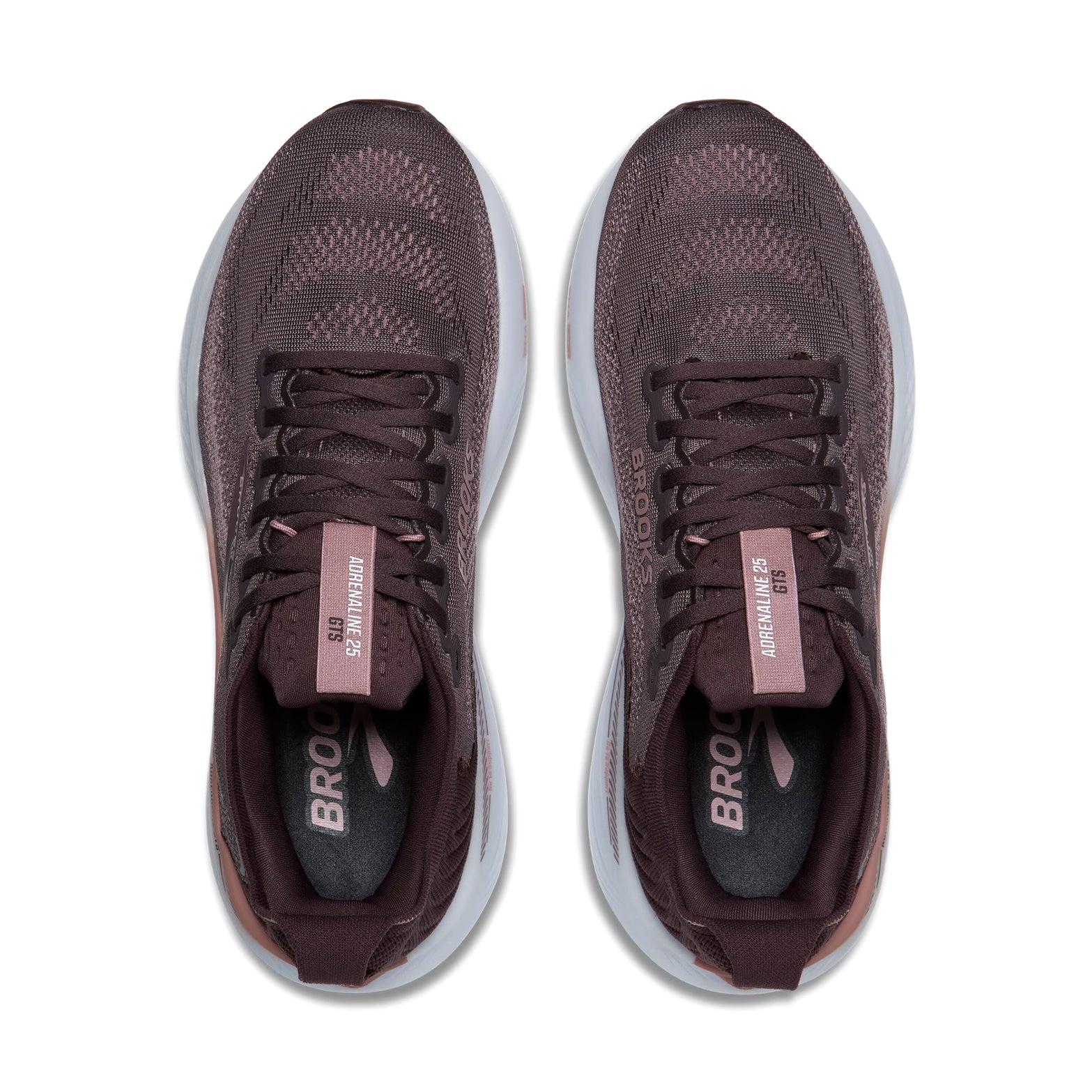 Brooks Adrenaline GTS 25 women's running shoe in Raisin / Woodrose / White — top-down view showing raisin engineered mesh upper construction, lace closure and white accent detailing