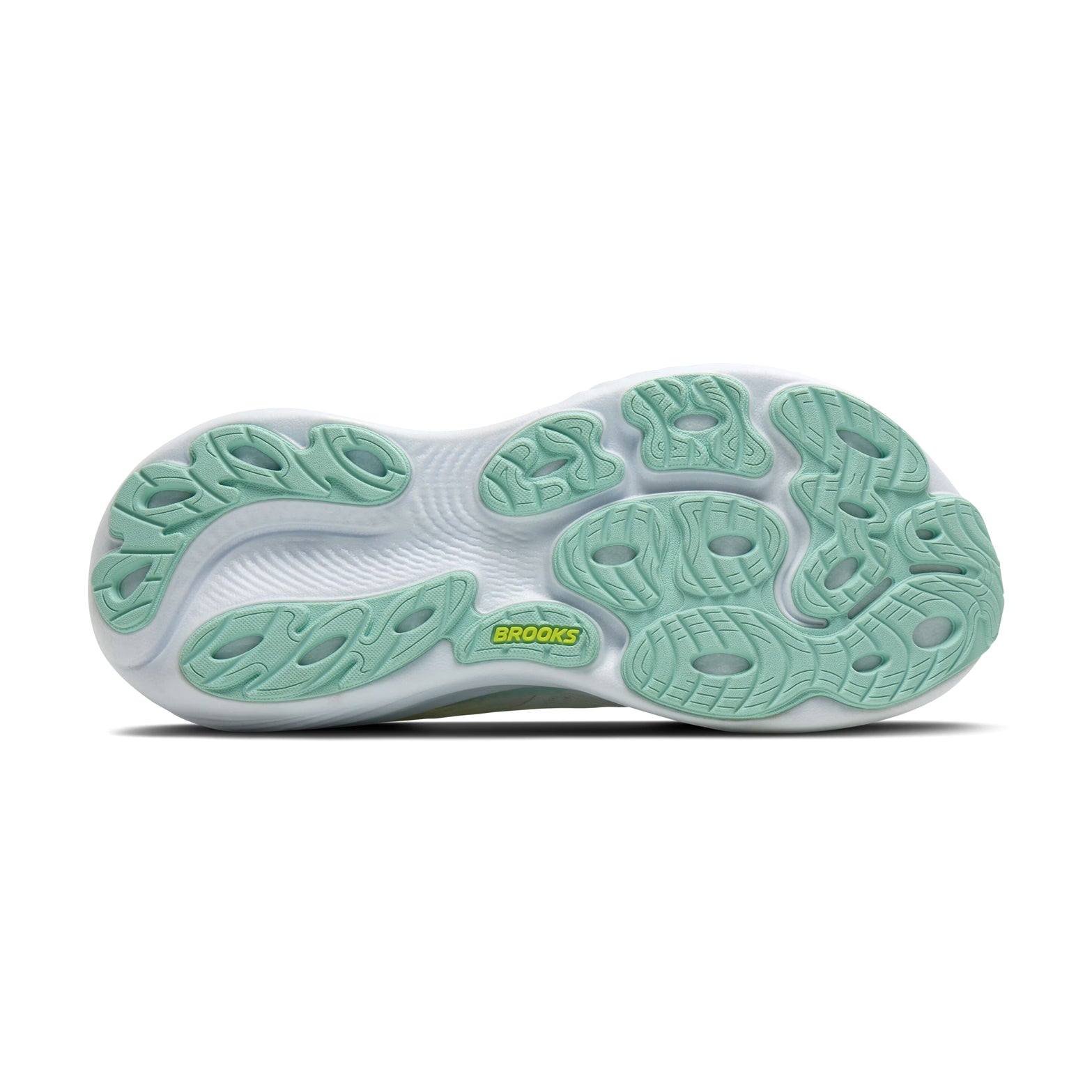 Women's Brooks Adrenaline GTS 25 Running Shoes White Green Yellow sole view displaying GuideRails technology and DNA LOFT cushioning construction