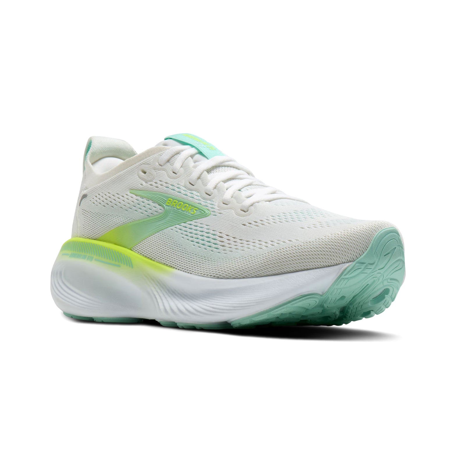 Women's Brooks Adrenaline GTS 25 Running Shoes White Green Yellow angled side and top view showing engineered mesh upper with breathability and structure