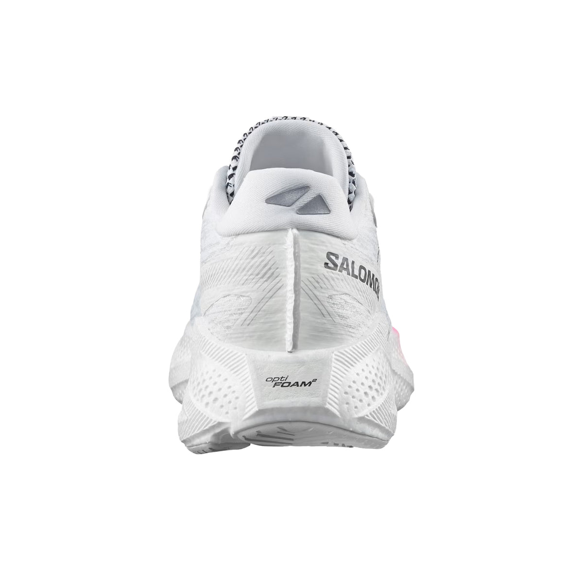 Women's Salomon Aero Glide 4 Running Shoes White White heel view showing energyFOAM cushioning stack with Reverse Camber rocker for effortless daily road running