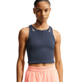 Women's Nike Aeroswift Dri-FIT ADV Cropped Running Tank Thunder Blue Linen front view on female runner showing body-hugging fit with stretchy ribbed fabric and Dri-FIT ADV moisture-wicking for race day performance