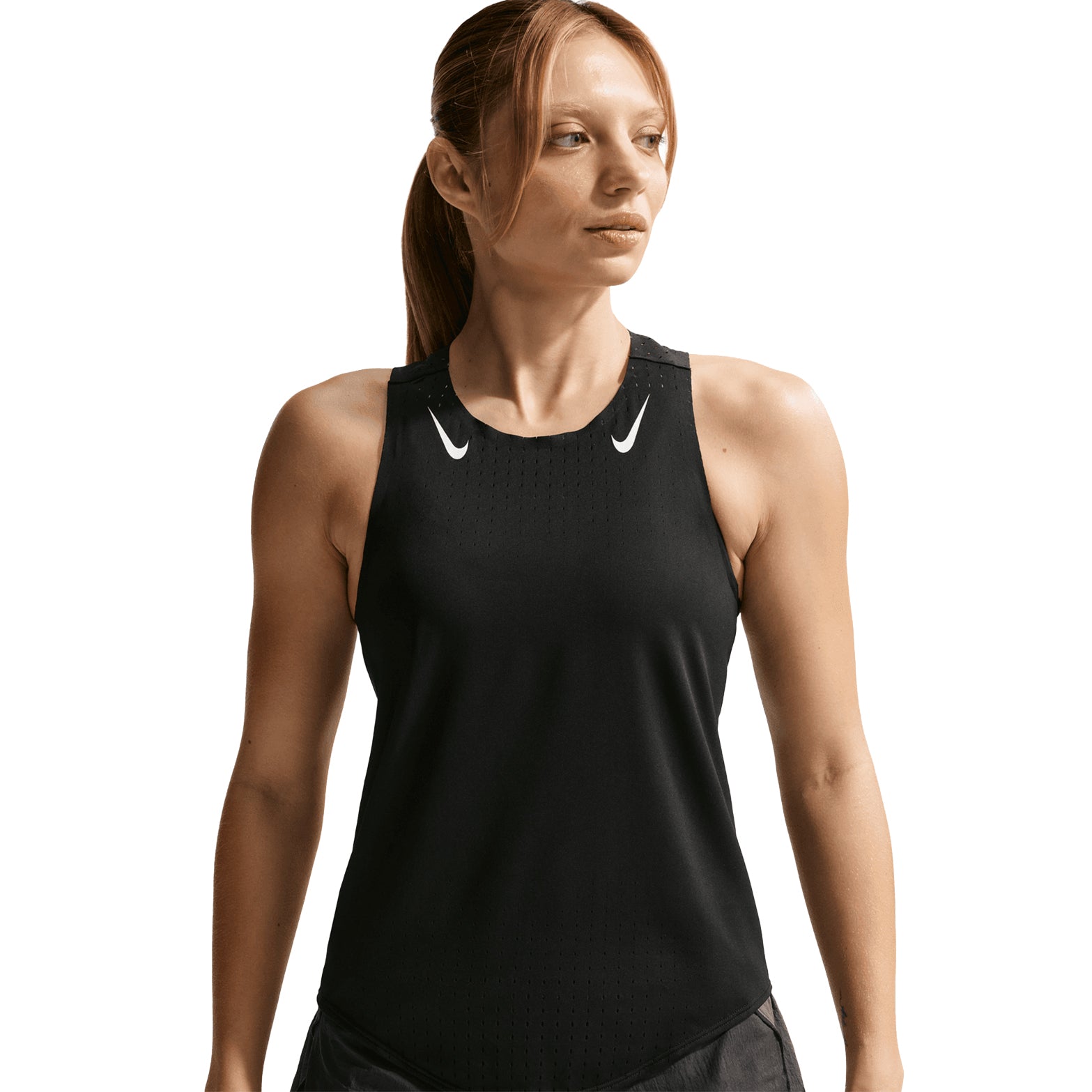 Nike AeroSwift Dri-FIT ADV Women's Running Vest in Black / White — front view worn on model showing cropped slim-fit silhouette, black Dri-FIT ADV fabric and white detailing