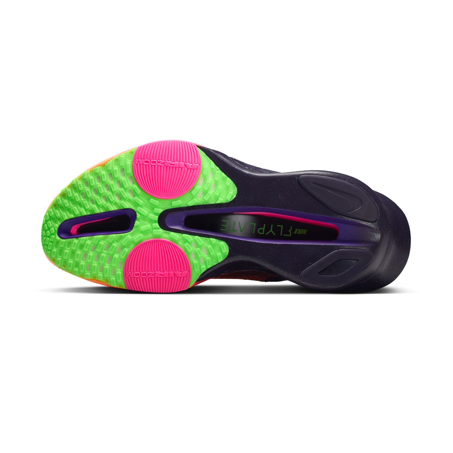 Women's Alphafly 3 GLAM Running Shoes Orange Pulse Purple Dynasty Electric Green Black sole view displaying outsole traction pattern