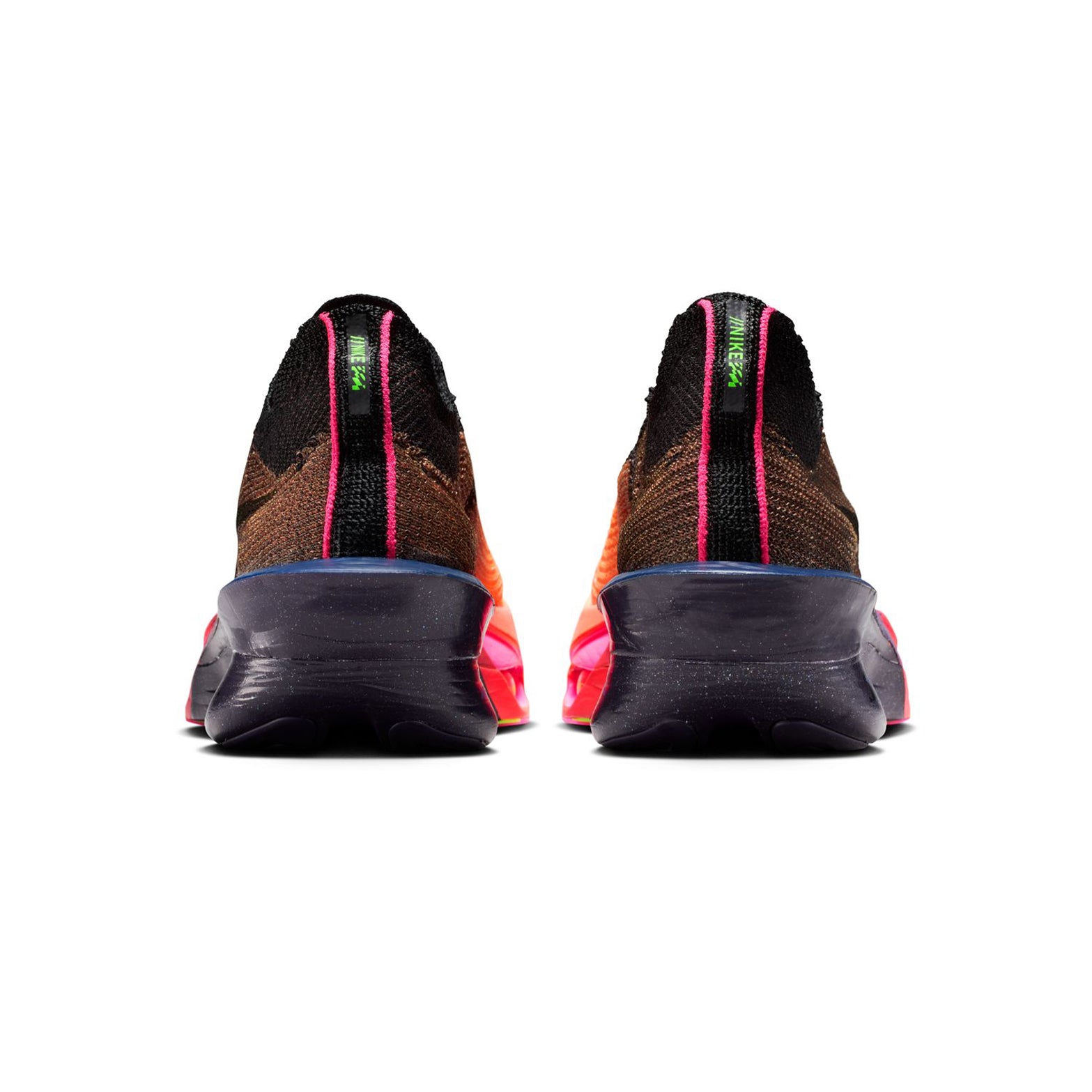 Women's Alphafly 3 GLAM Running Shoes Orange Pulse Purple Dynasty Electric Green Black pair heel view showing lightweight construction