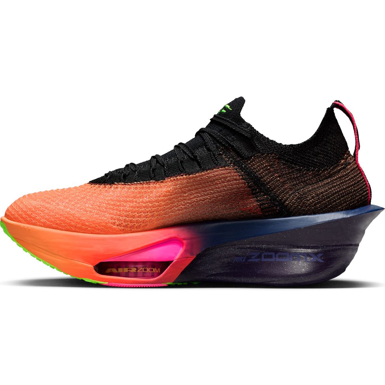 Women's Alphafly 3 GLAM Running Shoes Orange Pulse Purple Dynasty Electric Green Black inner side view with ZoomX foam midsole and Air Zoom units