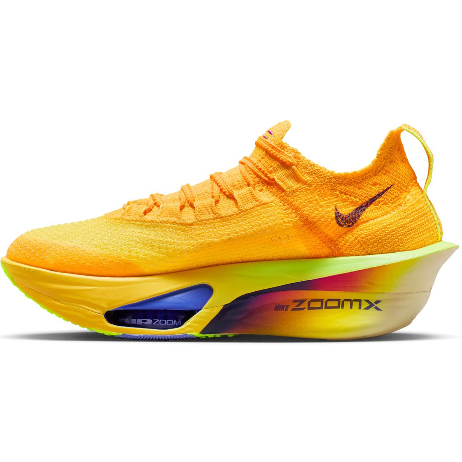 Women's Alphafly 3 Running Shoes Laser Orange Citron Pulse Volt Ice Indigo Burst inner side view with ZoomX foam midsole and Air Zoom units