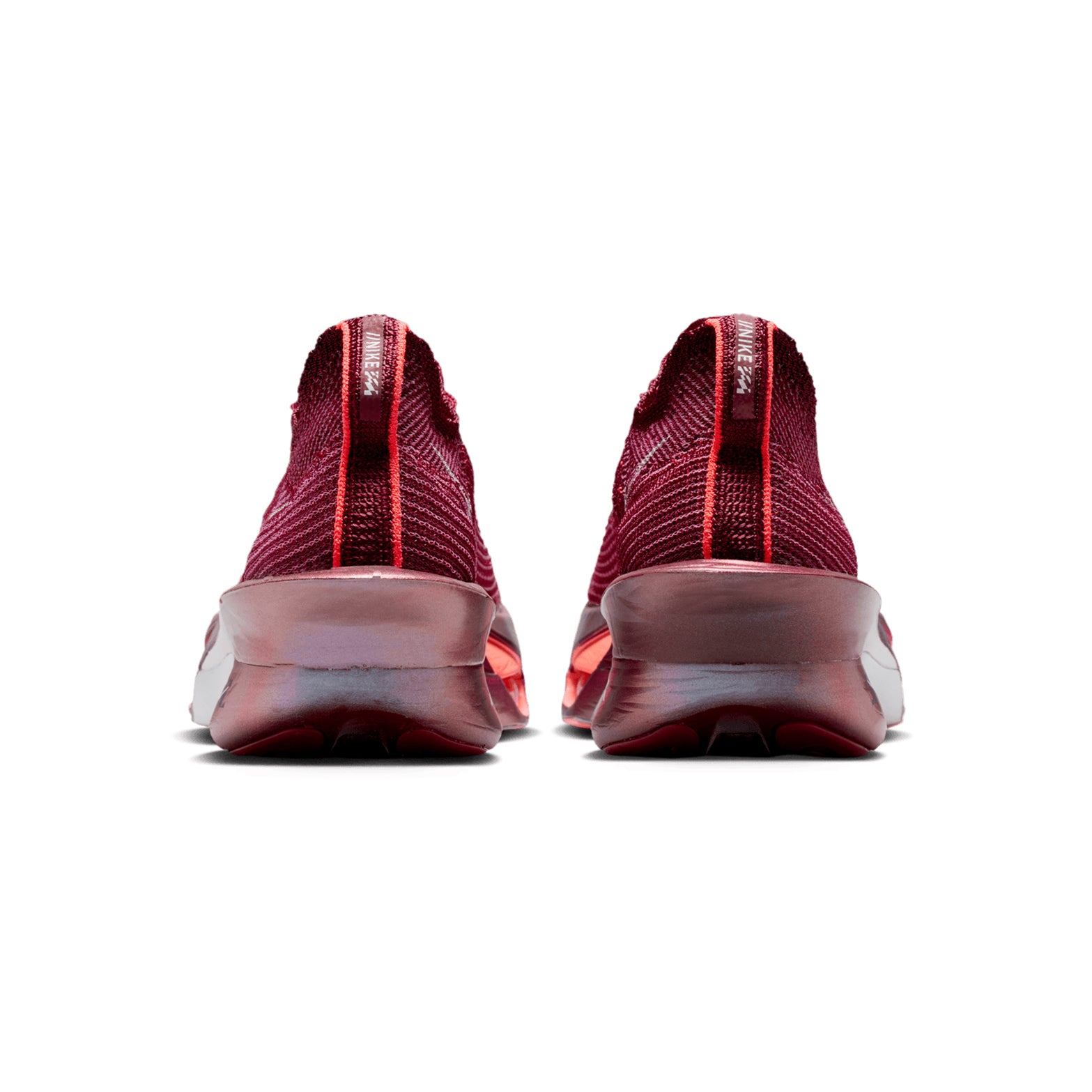 Women's Nike Alphafly 3 SE Running Shoes Team Red Bright Crimson Barely Green heel view showing maximum ZoomX foam stack with Air Zoom pods and full-length carbon fibre plate for marathon racing performance