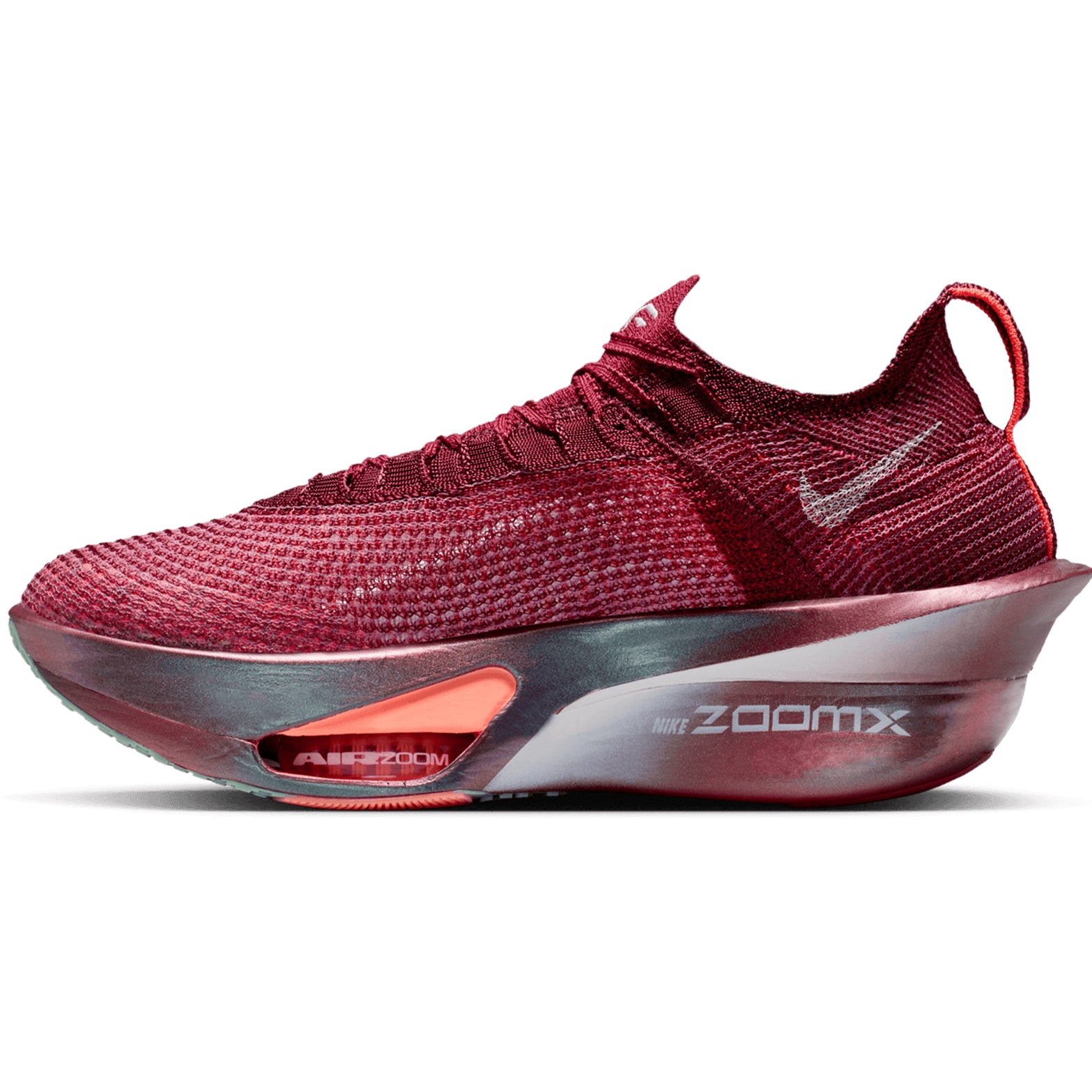 Women's Nike Alphafly 3 SE Running Shoes Team Red Bright Crimson Barely Green inner side view showing carbon plate with ZoomX cushioning and Air Zoom pods for race day performance