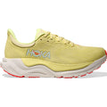 A side profile view of the HOKA Women’s Arahi 8 Running Shoes in Sunlight / Neon Yuzu is displayed on a white background, showcasing the yellow stability shoe with a thick white sole, red accents, and H-Frame technology.