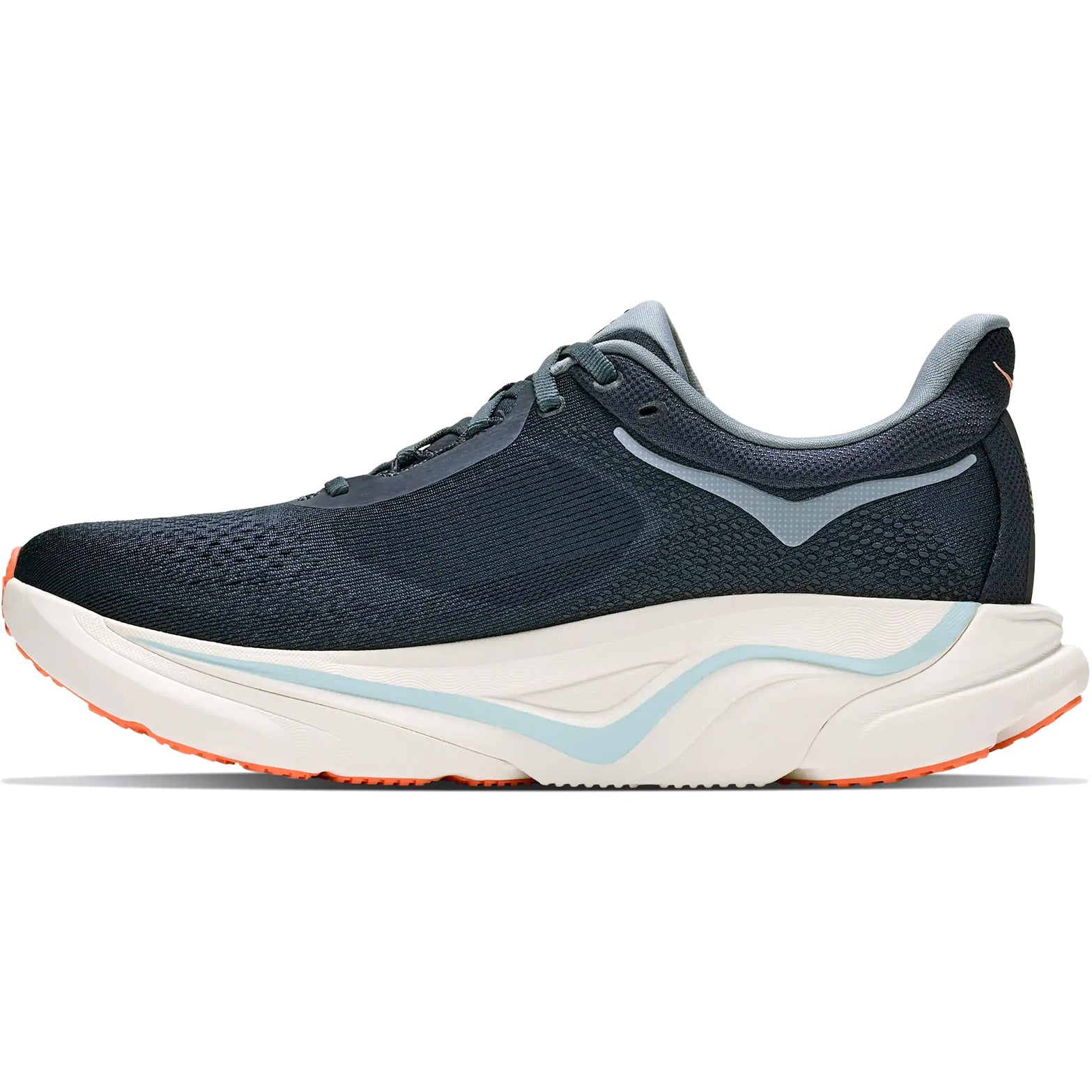 Women's HOKA Arahi 9 Running Shoes Varsity Navy Faded Navy inner side view showing H-Frame technology with tighter medial mesh support and dual-density EVA foam for smooth stable gait cycle