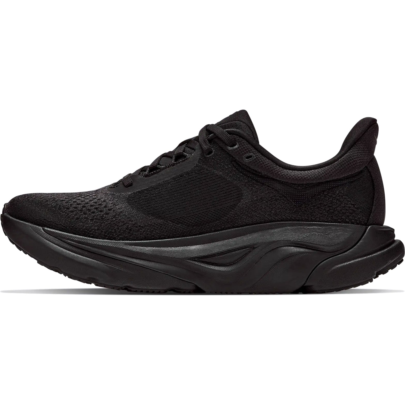 Women's HOKA Arahi 9 Wide Fit Running Shoes Black Black inner side view showing H-Frame technology with tighter medial mesh support, dual-density EVA foam and wide fit construction for smooth stable gait cycle