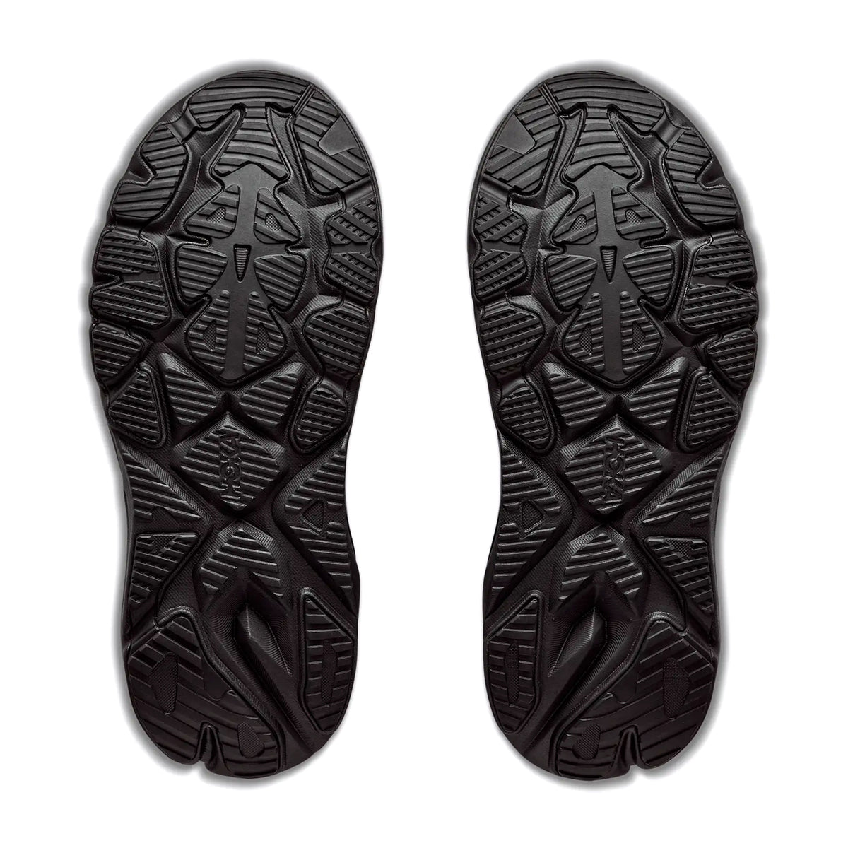 Women's HOKA Arahi 9 Wide Fit Running Shoes Black Black sole view displaying super abrasion rubber outsole with podular design and wide fit platform for enhanced durability in high-wear zones