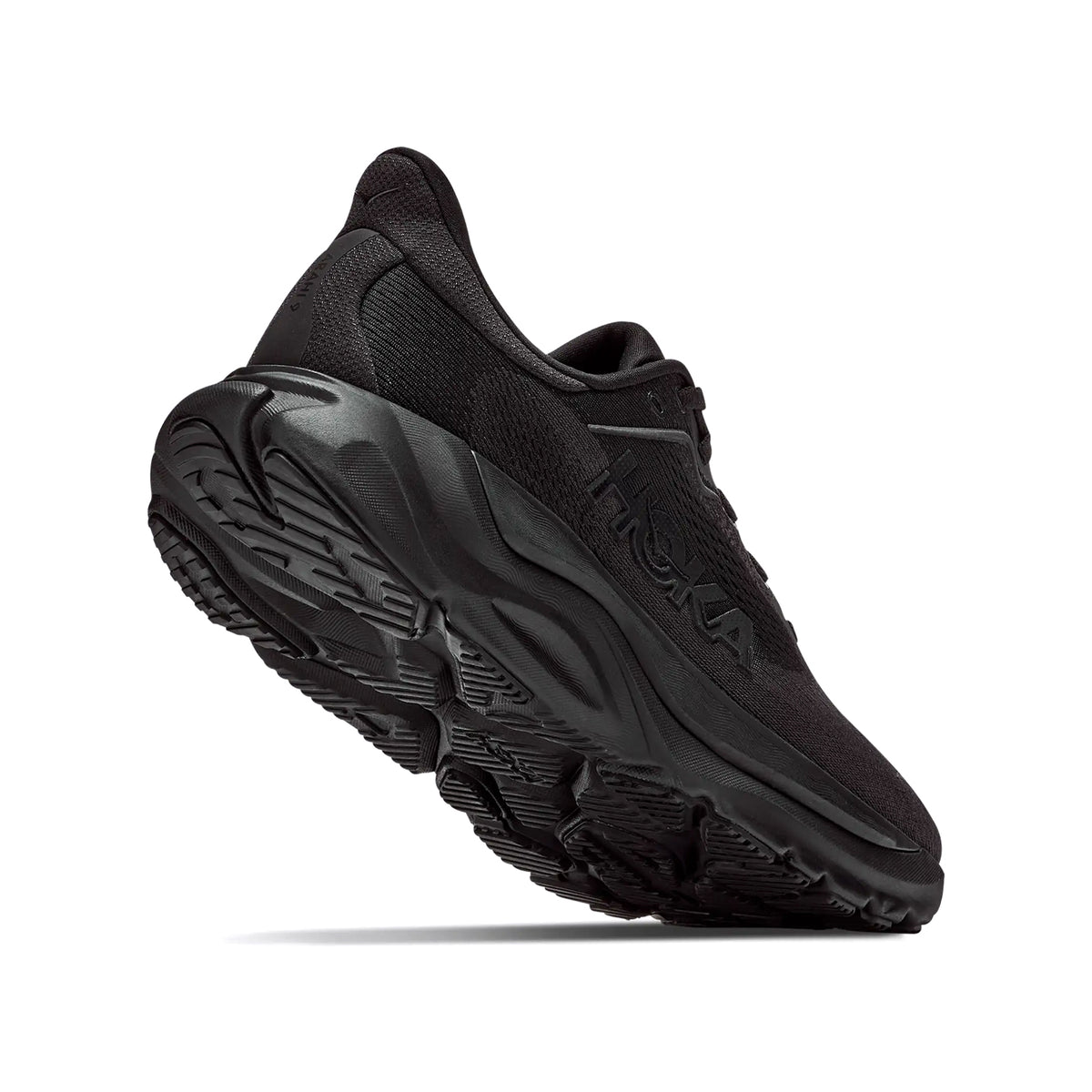 Women's HOKA Arahi 9 Wide Fit Running Shoes Black Black angled side and heel view showing enhanced H-Frame stability system with dual-density EVA foam, wide fit construction and super abrasion rubber outsole for plush cushioned daily stability running